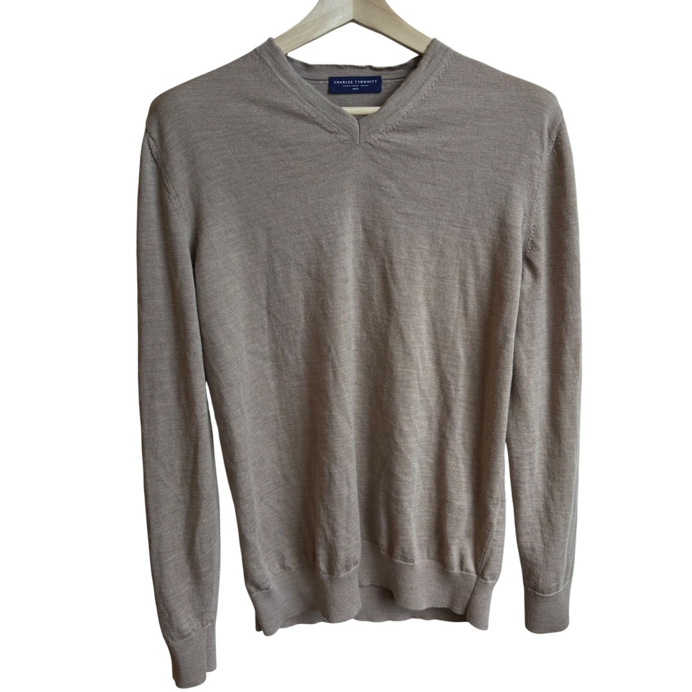 Charles Tyrwhitt V-Neck Sweater Mens Large Tan Extra Fine Merino Wool Knit Prepy